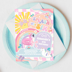 Splash Into Six Rainbow Sun 6th Birthday  Invitation