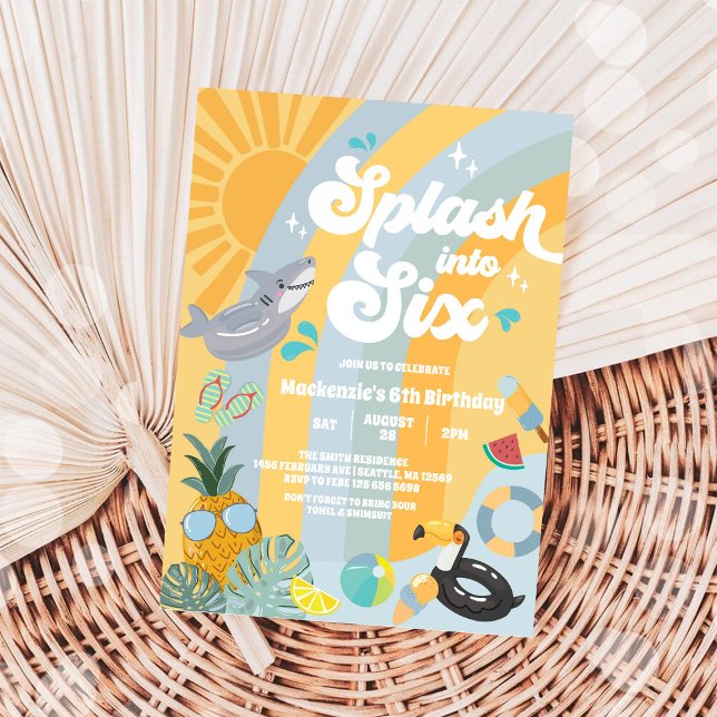 Splash Into Six Summer Rainbow Sun 6th Birthday  Invitation (Creator Uploaded)