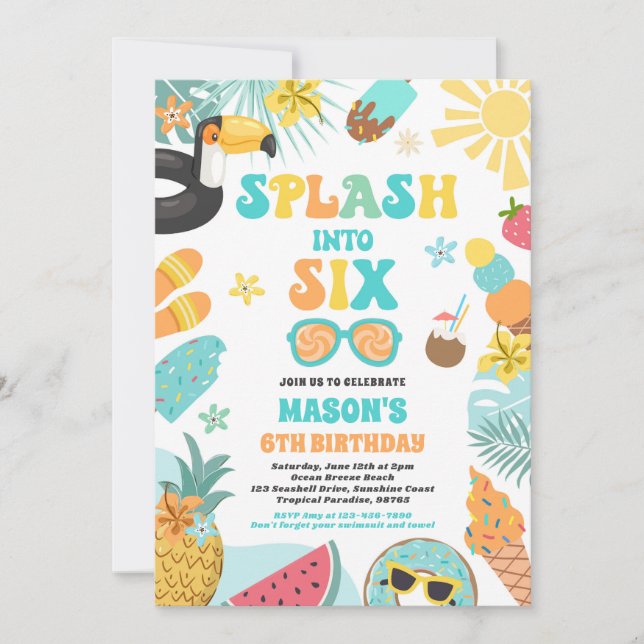 Splash Into Six Tropical Beach 6th Birthday Party Invitation (Front)