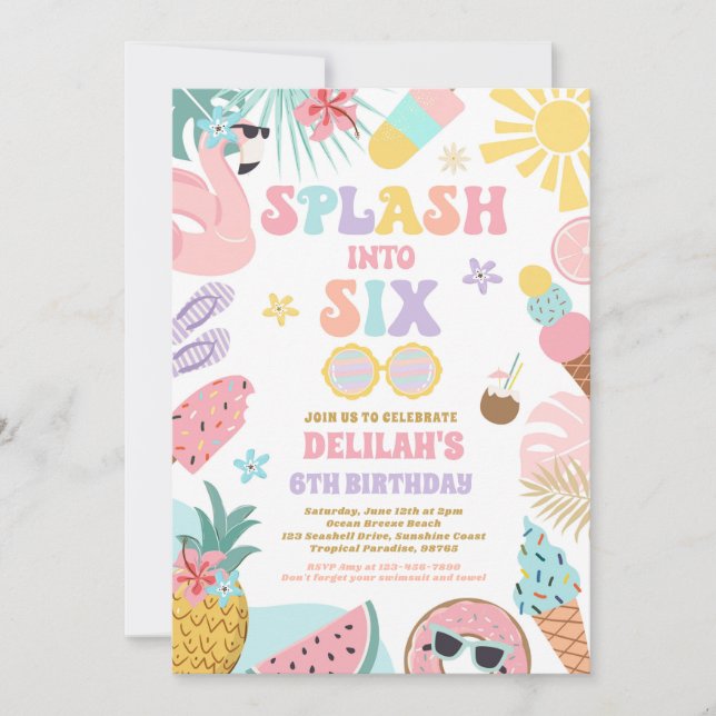 Splash Into Six Tropical Beach 6th Birthday Party Invitation (Front)