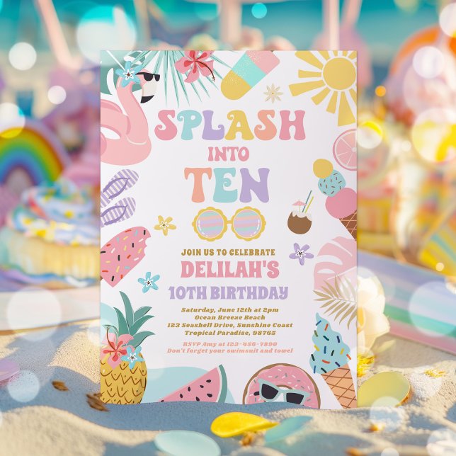 Splash Into Ten Tropical Beach 10th Birthday Party Invitation (Creator Uploaded)