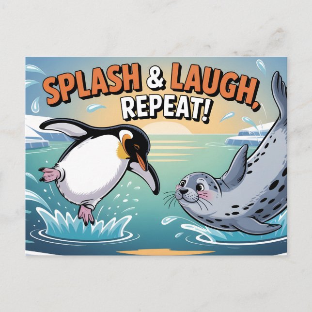 "Splash & Laugh" Whimsical Arctic Penguin and Seal Postcard (Front)