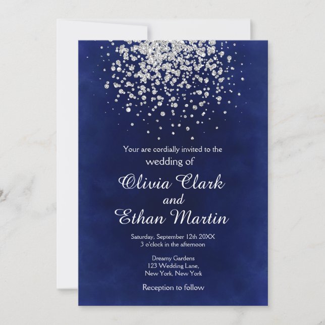Splash of Silver Glitter on Royal Blue Invitation (Front)