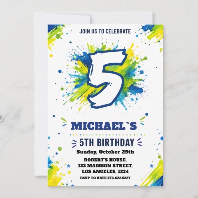 Splash Paint 5th Birthday Invitation for Boys (Front)