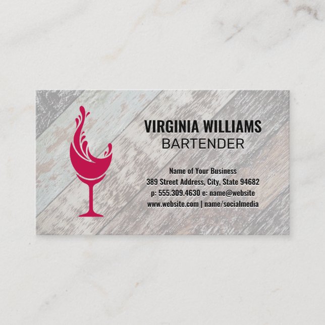 Splash Wine Glass | Wooden Boards Background Business Card (Front)