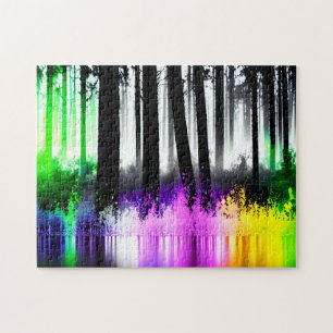 Splashed Black and White Colourful Forest Landscap Jigsaw Puzzle