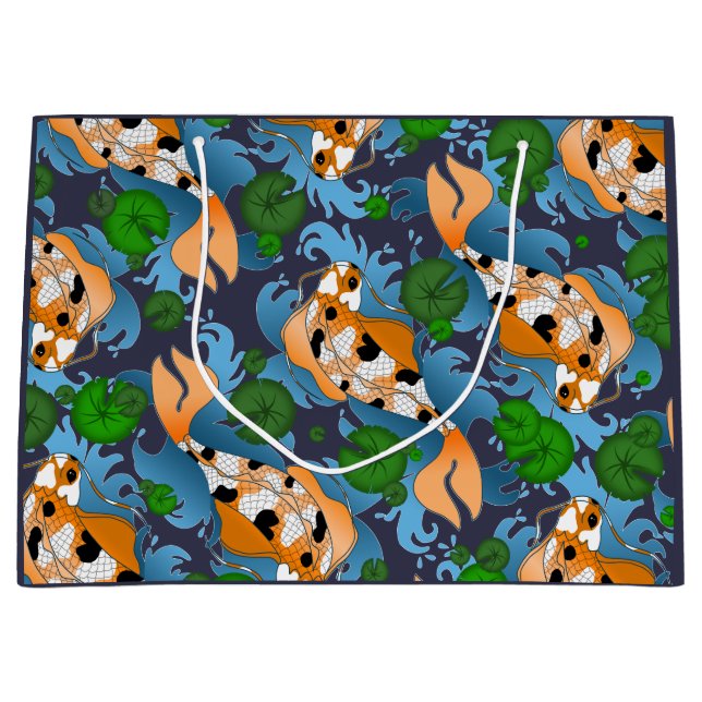 Splashing Asian Koi Fish Pond Lily Large Gift Bag (Front)