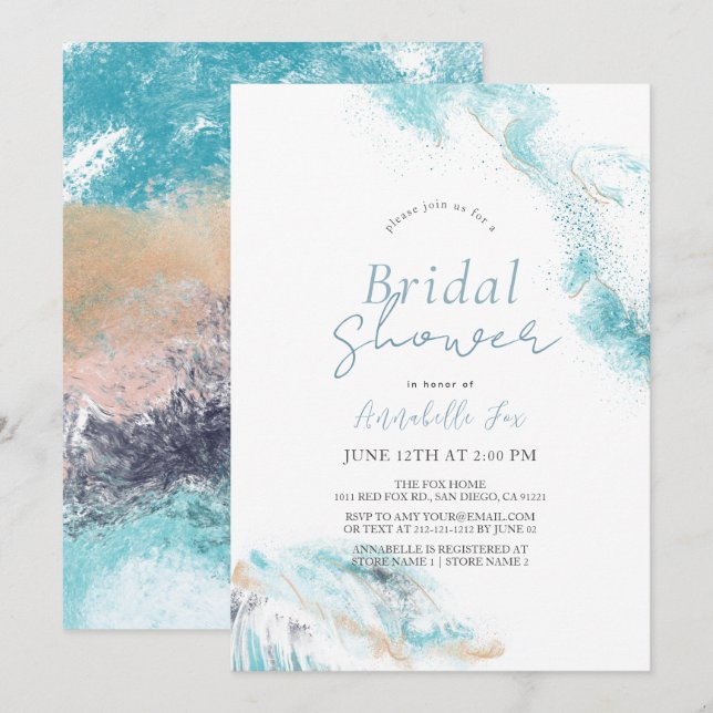 Splashing Blue Waves Coastal Bridal Shower Invitation (Front/Back)