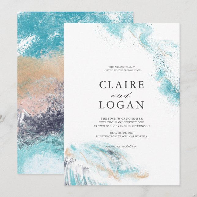 Splashing Blue Waves Coastal Wedding Invitation (Front/Back)