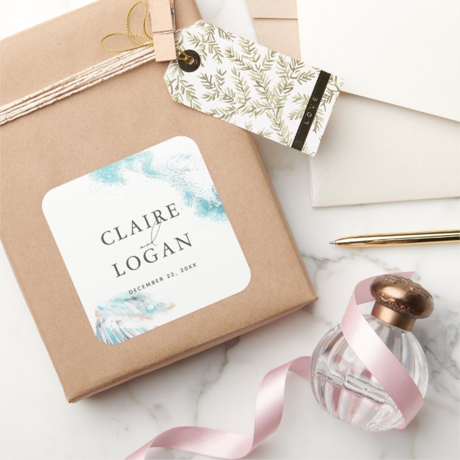 Splashing Blue Waves Coastal Wedding Square Sticker (Gifting)