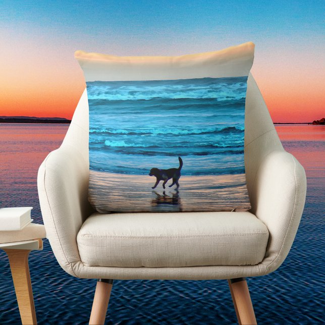 Splashing Dog on Sunset Beach Simulated Watercolor Cushion (Creator Uploaded)