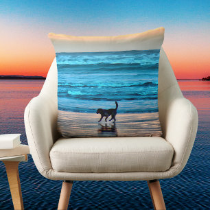 Splashing Dog on SunsetBeach Simulated Watercolor Cushion