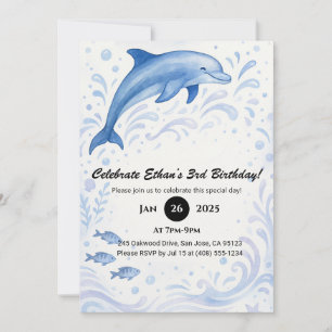 Splashing Dolphin & Ocean Swirls Birthday Invitation