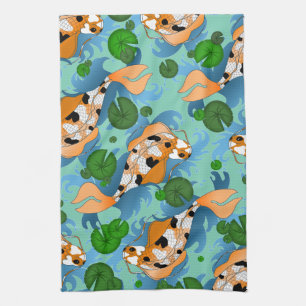Splashing Koi Fish and Pond Lilies Custom Tea Towel
