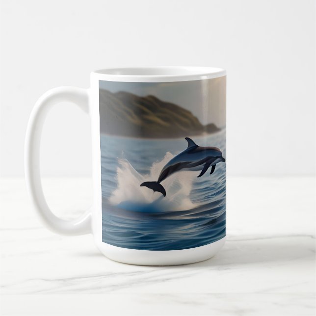 Splashing Leaping Dolphin: A Dance of Joy in Ocean Coffee Mug (Left)