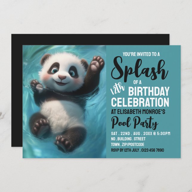 Splashing Panda Bear, Pool Party Birthday  Invitation (Front/Back)