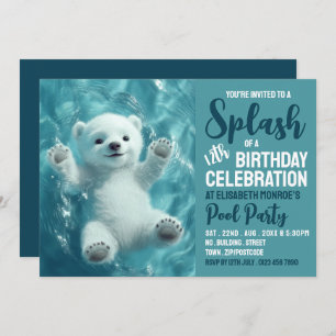 Splashing Polar Bear, Pool Party Birthday  Invitation