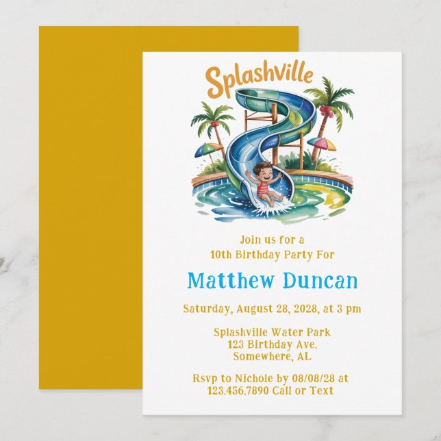 Splashville Water Slide Boy Birthday Party  Invitation (Front/Back)
