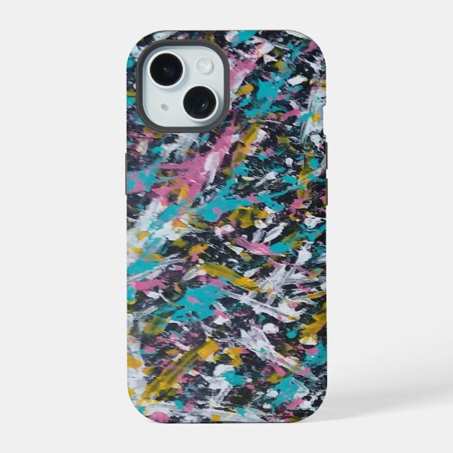 Splatter Abstract in Black and Multi Colours iPhone 15 Case (Back)