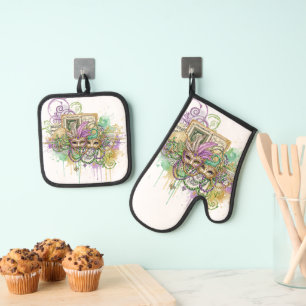 Splatter Mardi Gras collage Oven Mitt & Pot Holder Set