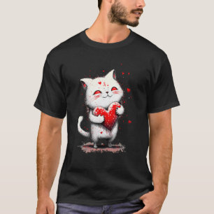 Splatter Paint Cat Hugging A Heart Shaped Pillow - T-Shirt