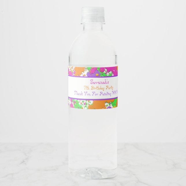 Splatter Paint Party Personalised Water Bottle Water Bottle Label (Front)