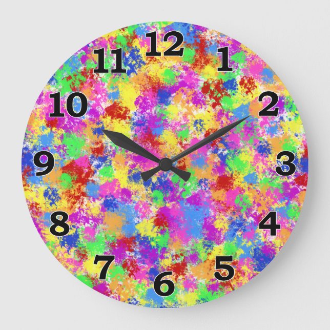 Splatter Paint Rainbow of Bright Colour Background Large Clock (Front)