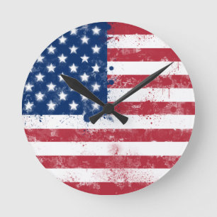 Splatter Painted American Flag Round Clock