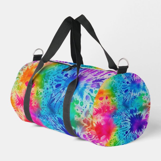 Splatter Rainbow Tie Dye monogram personalised Duffle Bag (Left Corner)
