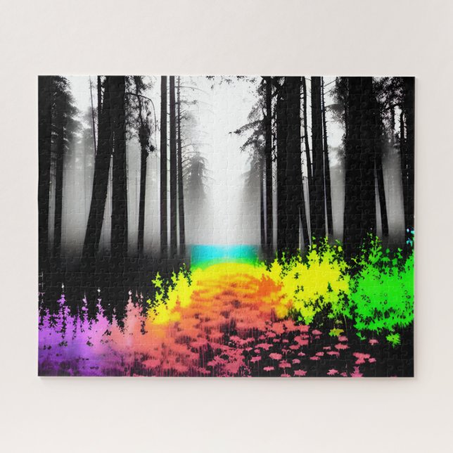 Splattered Rainbow Paint on Silhouette Forest Jigsaw Puzzle (Horizontal)