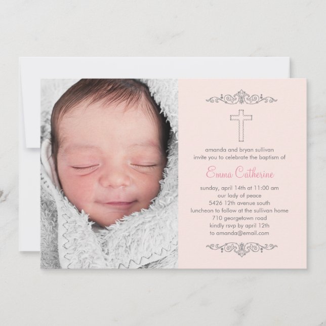 Splendid Cross Photo Baptism Invitation - Pink (Front)