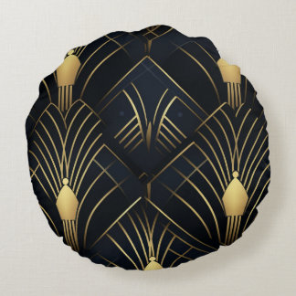 Splendid Night - Gold and Black Art Deco Round Cushion