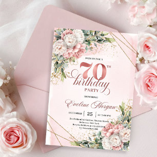 Splendid Rose Gold Watercolor Floral 70th Birthday Invitation