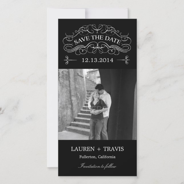 Splendid Swirls Save The Date Photo Card - Black (Front)