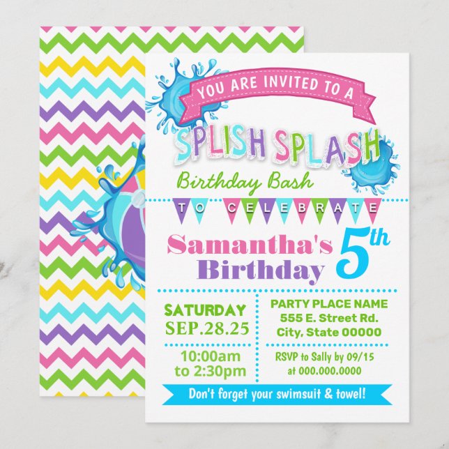 Splish splash birthday bash pink party invitation (Front/Back)