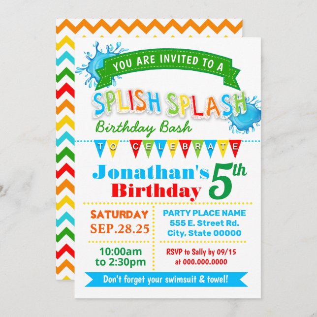 Splish splash birthday bash primary colours party invitation (Front/Back)