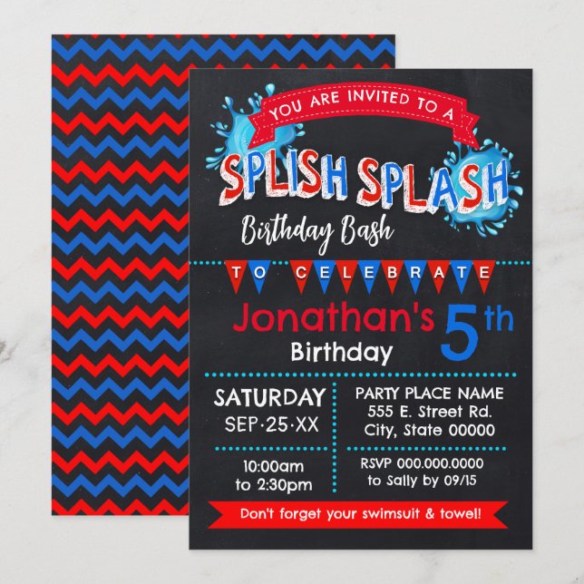 Splish Splash Birthday Bash Red White Blue Invitation (Front/Back)