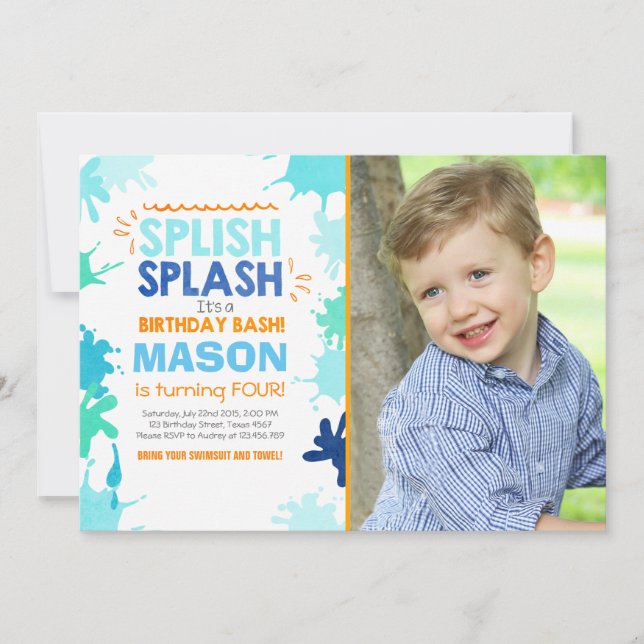 Splish Splash birthday invitation Boy (Front)