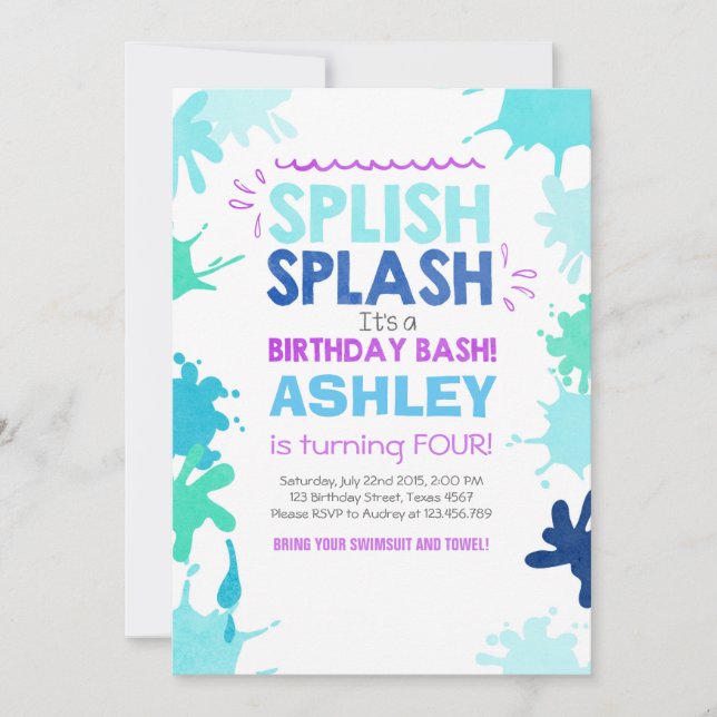 Splish Splash birthday invitation Girl Pool Party (Front)