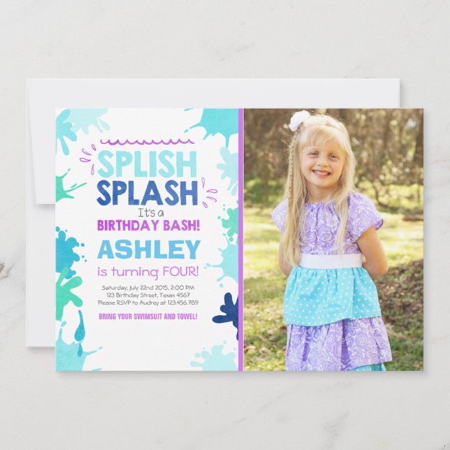 Splish Splash birthday invitation Girl Pool Party (Front)