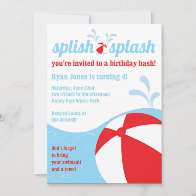 Splish Splash Birthday Pool Party Invitations (Front)