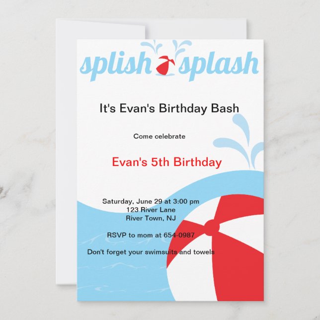 Splish Splash Birthday Pool Party Invitations (Front)