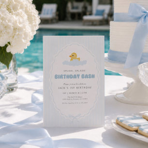 Splish Splash Blue Rubber Duck 1st Birthday Invitation