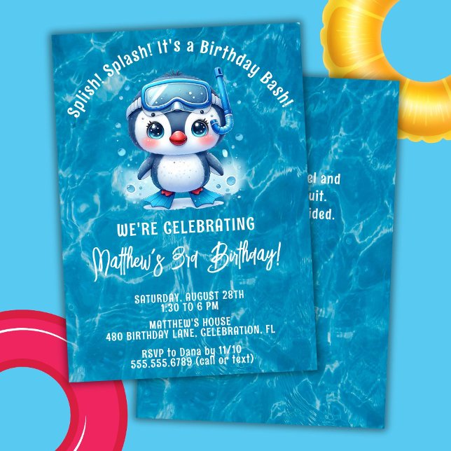 Splish Splash Boy Penguin Pool Birthday Party Invitation (Creator Uploaded)