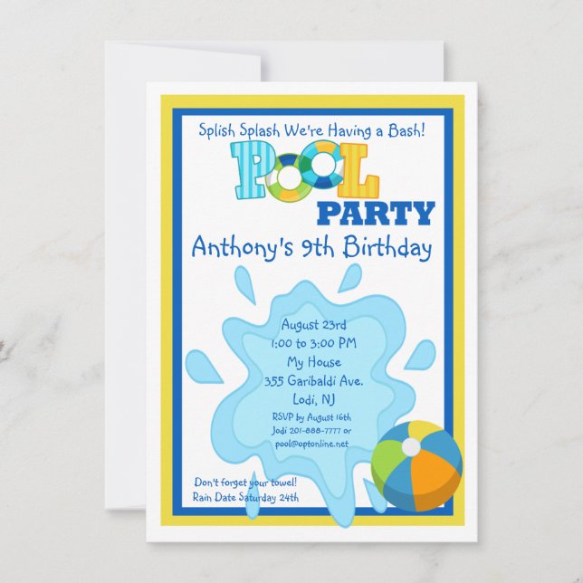 Splish Splash Boys Pool party Invitation (Front)