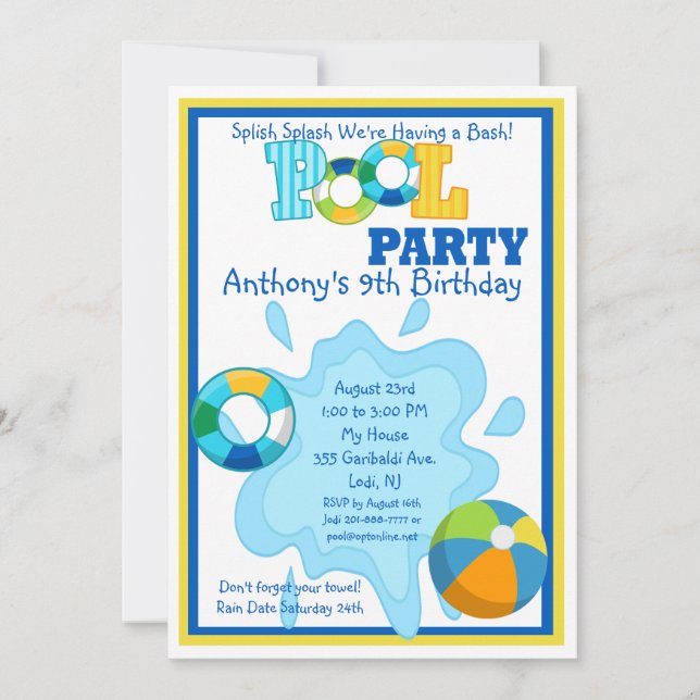 Splish Splash Boys Pool party Invitation (Front)