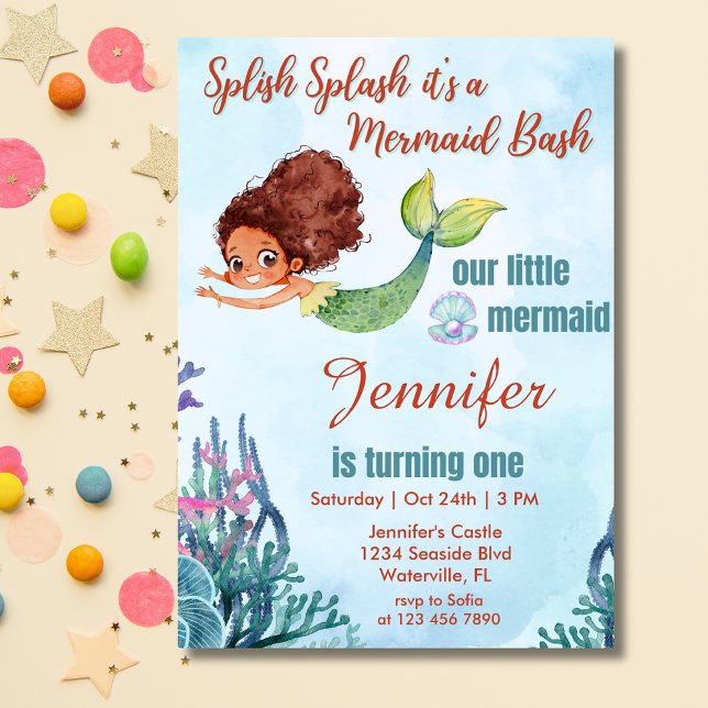 Splish Splash Brown Mermaid Bash Girl 1st Birthday Invitation (Creator Uploaded)