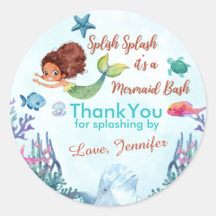 Splish Splash Brown Mermaid Bash Girls Thank You Classic Round Sticker