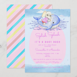 Splish Splash Elephant Pink Girl Pool Baby Shower Invitation