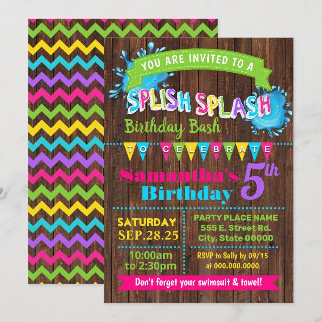 Splish Splash Hot Pink birthday summer bash party Invitation (Front/Back)